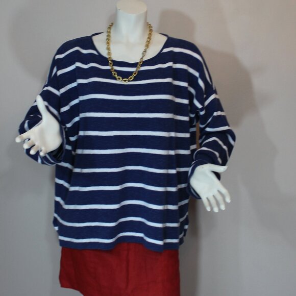 Eileen Fisher Woman Blue White Organic Linen Blend Striped Boxy Long Sleeve XL - Picture 1 of 7